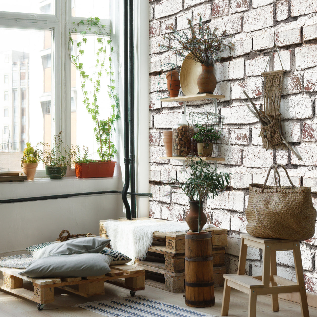 Vintage White Brick Wallpaper