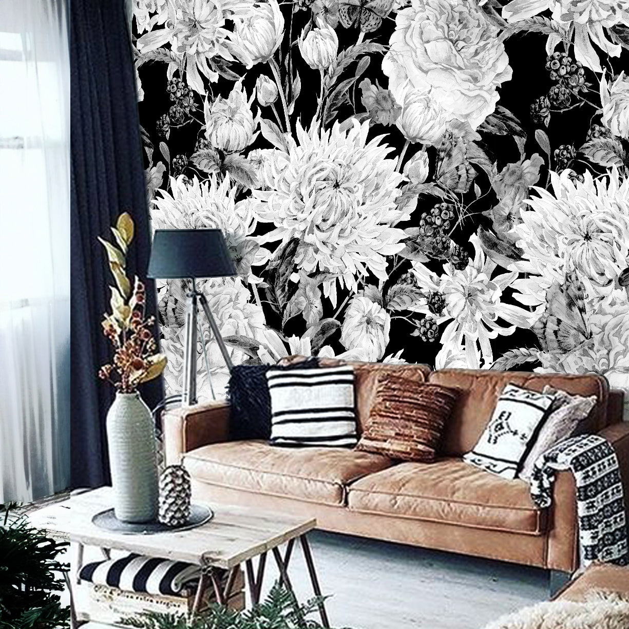 White Watercolor Flowers on Black Wallpaper