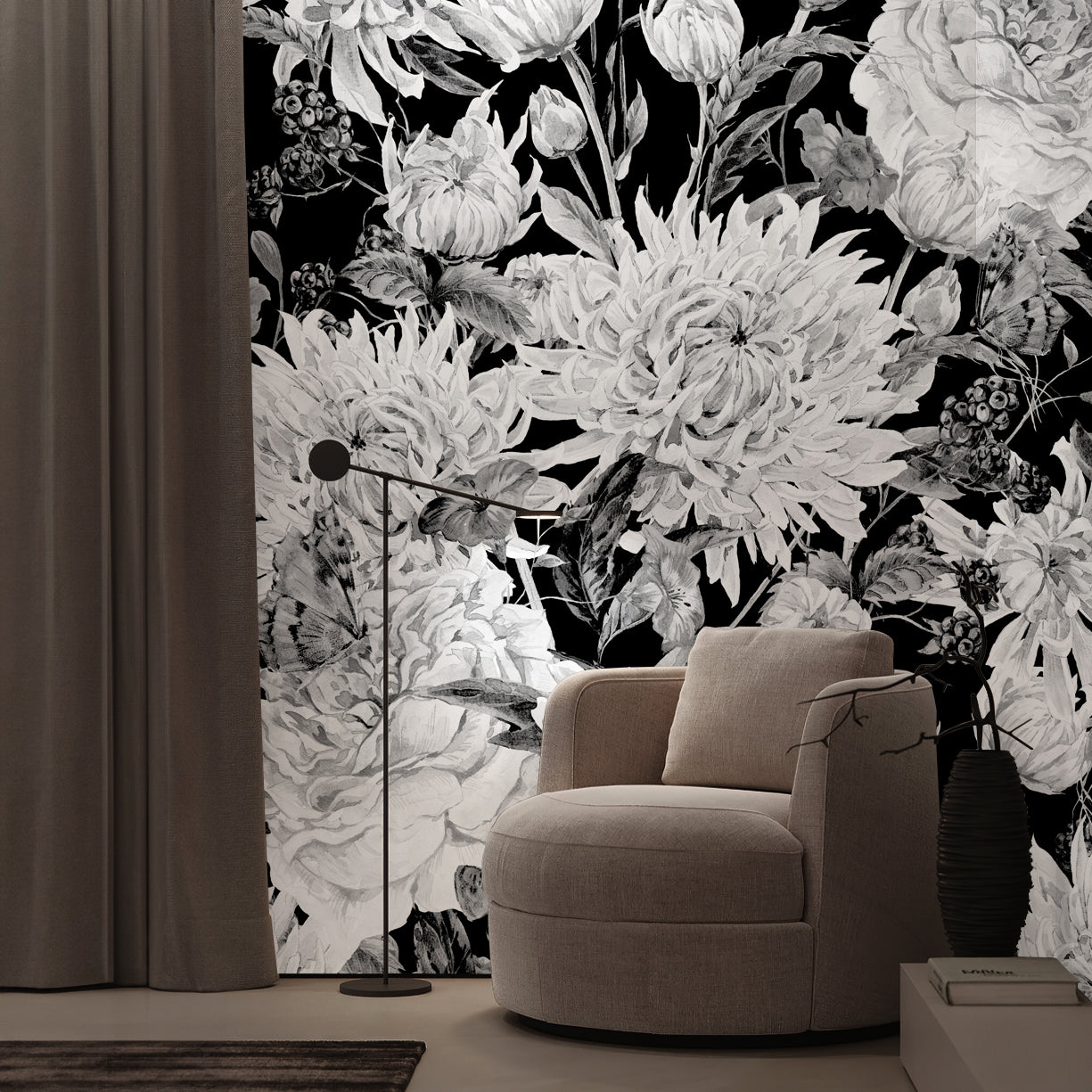 White Watercolor Flowers on Black Wallpaper