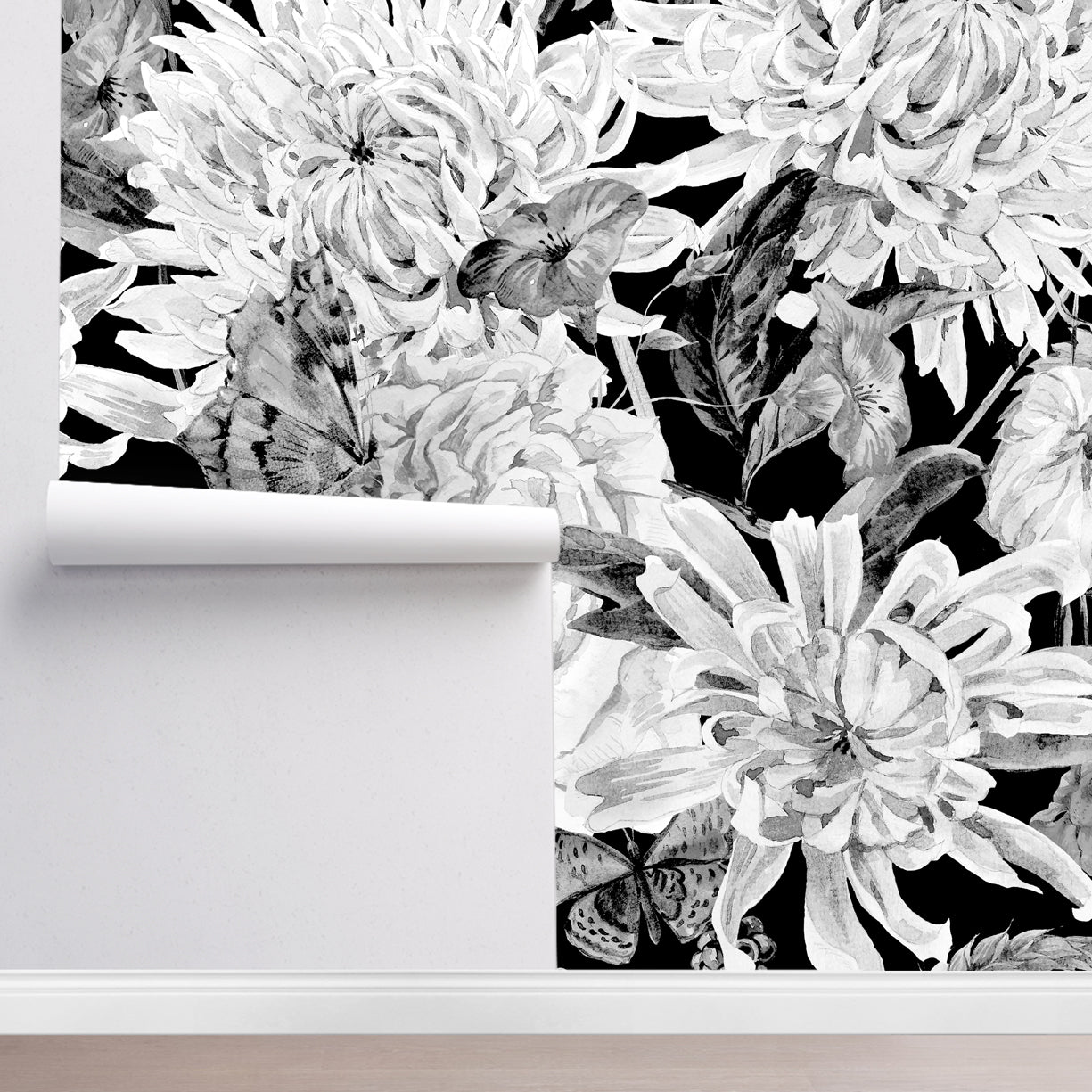 White Watercolor Flowers on Black Wallpaper