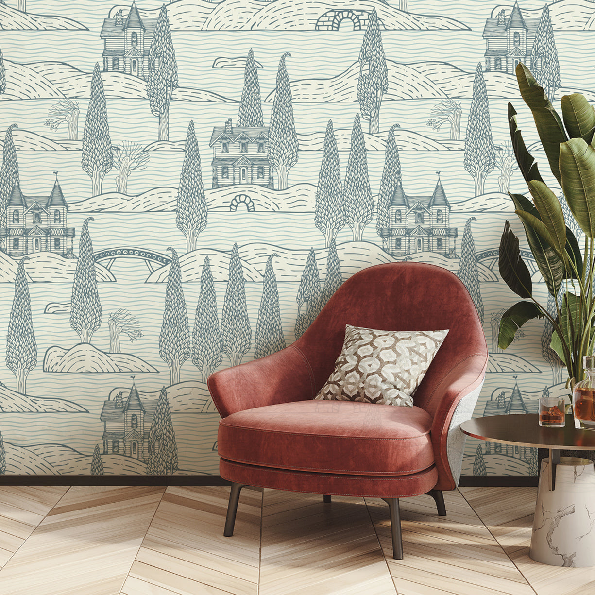 Whimsical village Grove Wallpaper